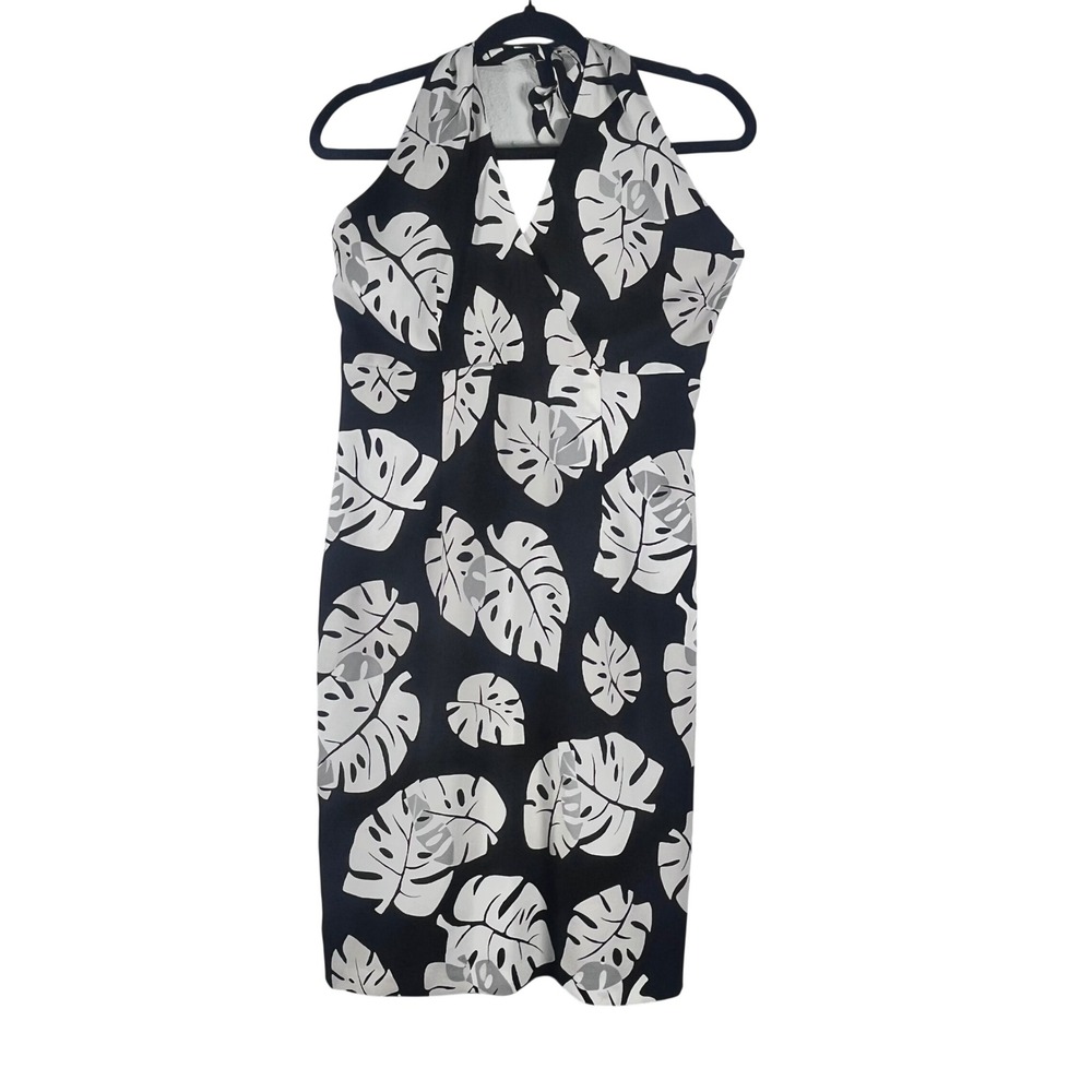 Express Halter Dress Women's Black White Tropical Monstera Leaf Size 9/10‎